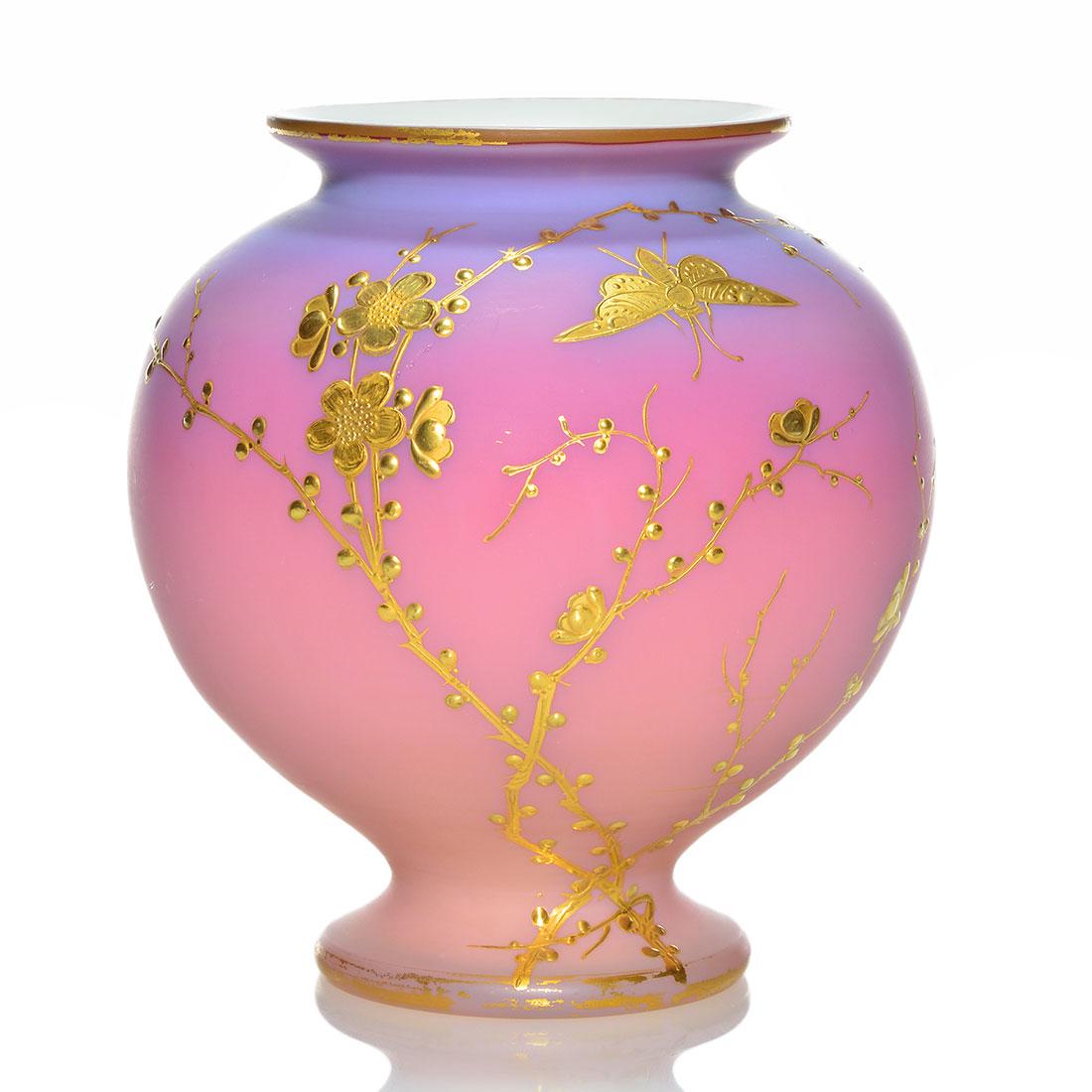 Thos Webb & Sons Lilac Peachbow cased vase, 5": Impressive Thomas Webb & Sons Lilac Peachblow cased vase beautifully decorated with an insect hovering a flowering branch executed by a skillful artistic hand utilizing the raised gold technique. Gild