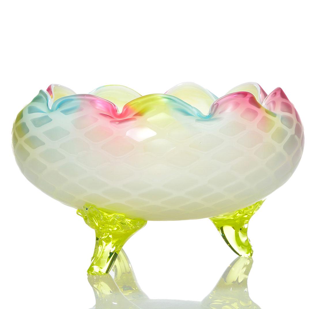 Large Rainbow DQMOP center bowl, applied feet, 5 1/2": Monumental Rainbow Mother of Pearl center bowl with diamond quilted pattern and crimped scalloped rim and lofted by a trio of citron branch feet, attributed to Thomas Webb & Sons. Measures 5 1/2 inche