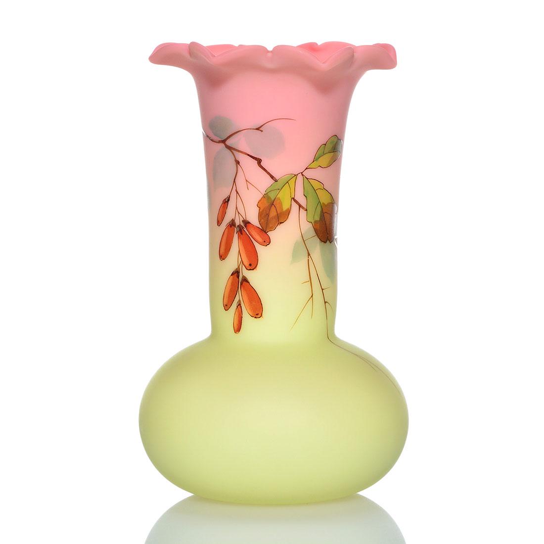 Thomas Webb & Sons Queens Burmese vase, berries, 6",: Thomas Webb & Sons Queen's Burmese vase with a petal top rim, the neck painted with elongated berries and fall foliage. Height 6 inches. Acid marked with the Thomas Webb & Sons Queen's Burmese logo wi