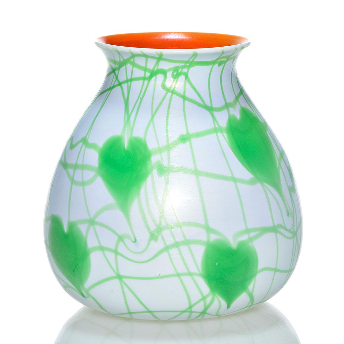 Imperial Lead Lustre vase, leaf vines, white, 6 3/8" (1 of 2)