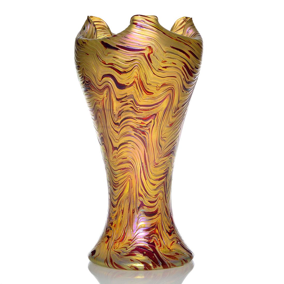 Kralik vase, tri-pulled & folded rim, 12 5/8 inches (1 of 2)
