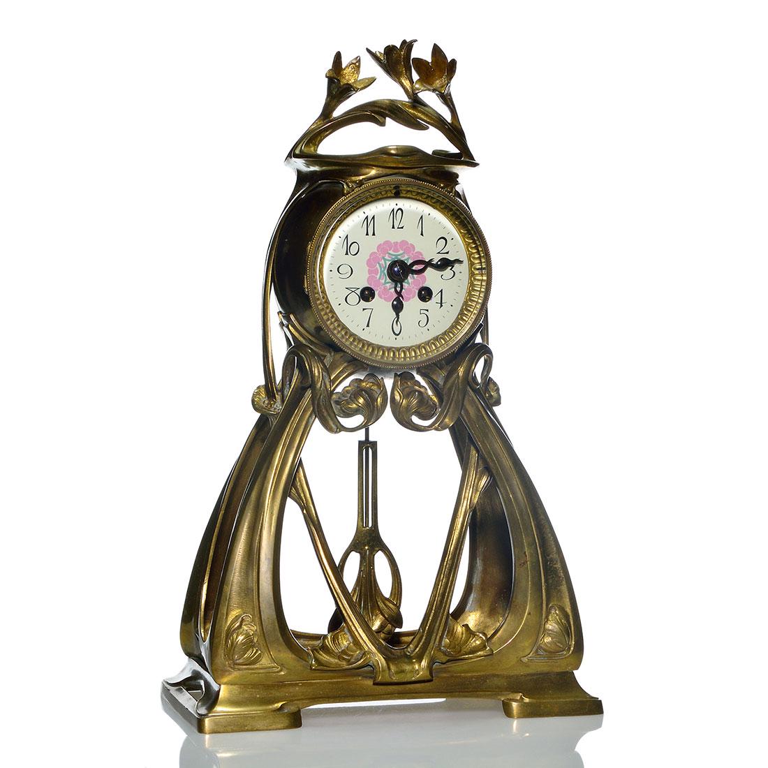 French Art Nouveau bronze clock, enamel dial, 17 1/2" (1 of 4)