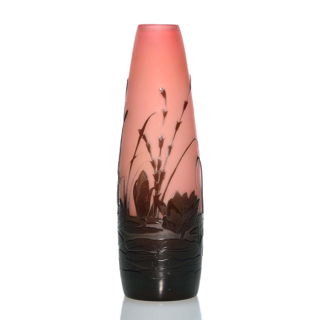 Galle cameo vase, pond scene, 6 3/4", cameo signature (1 of 2)