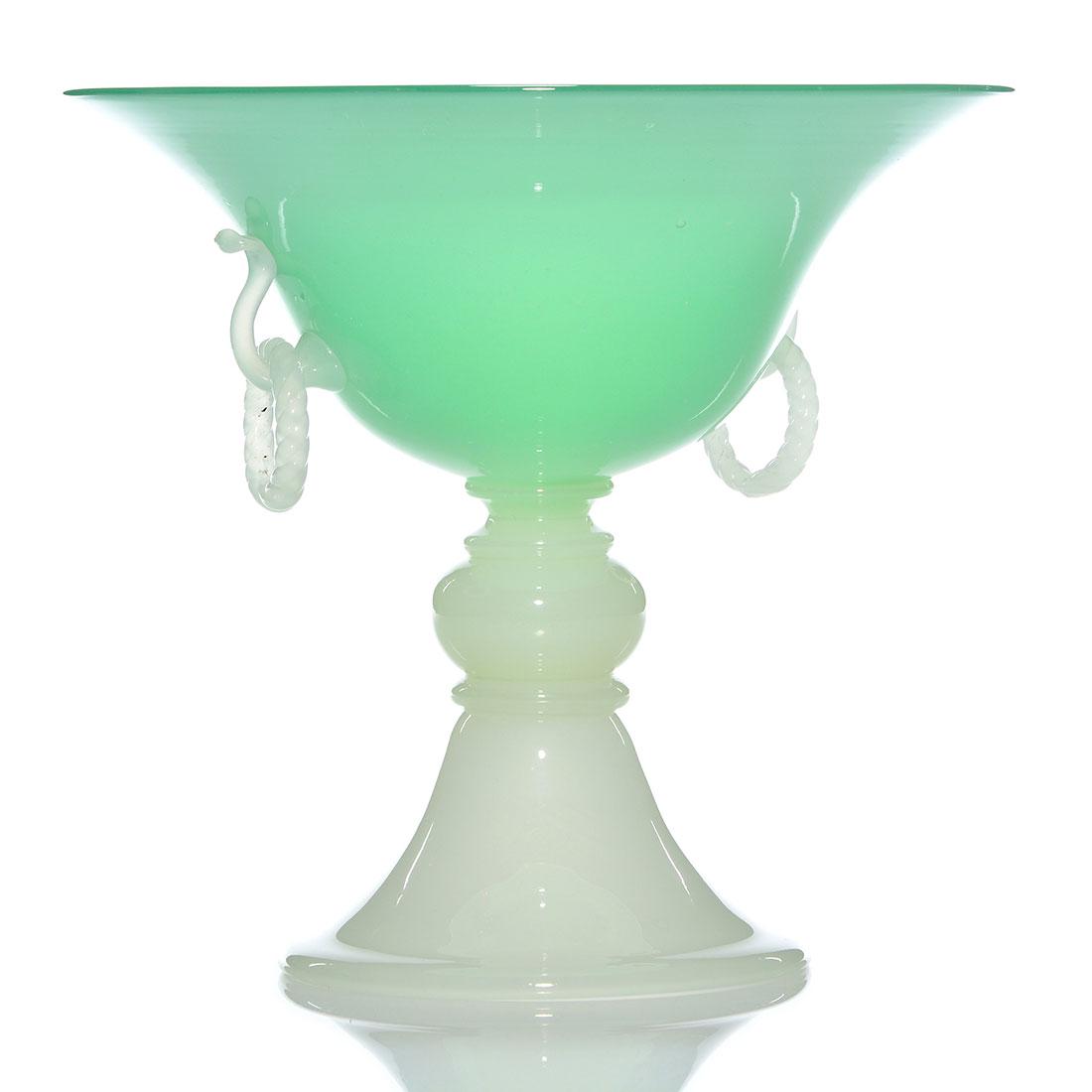Steuben green Jade Alabaster compote, ring handles, 7" (1 of 2)