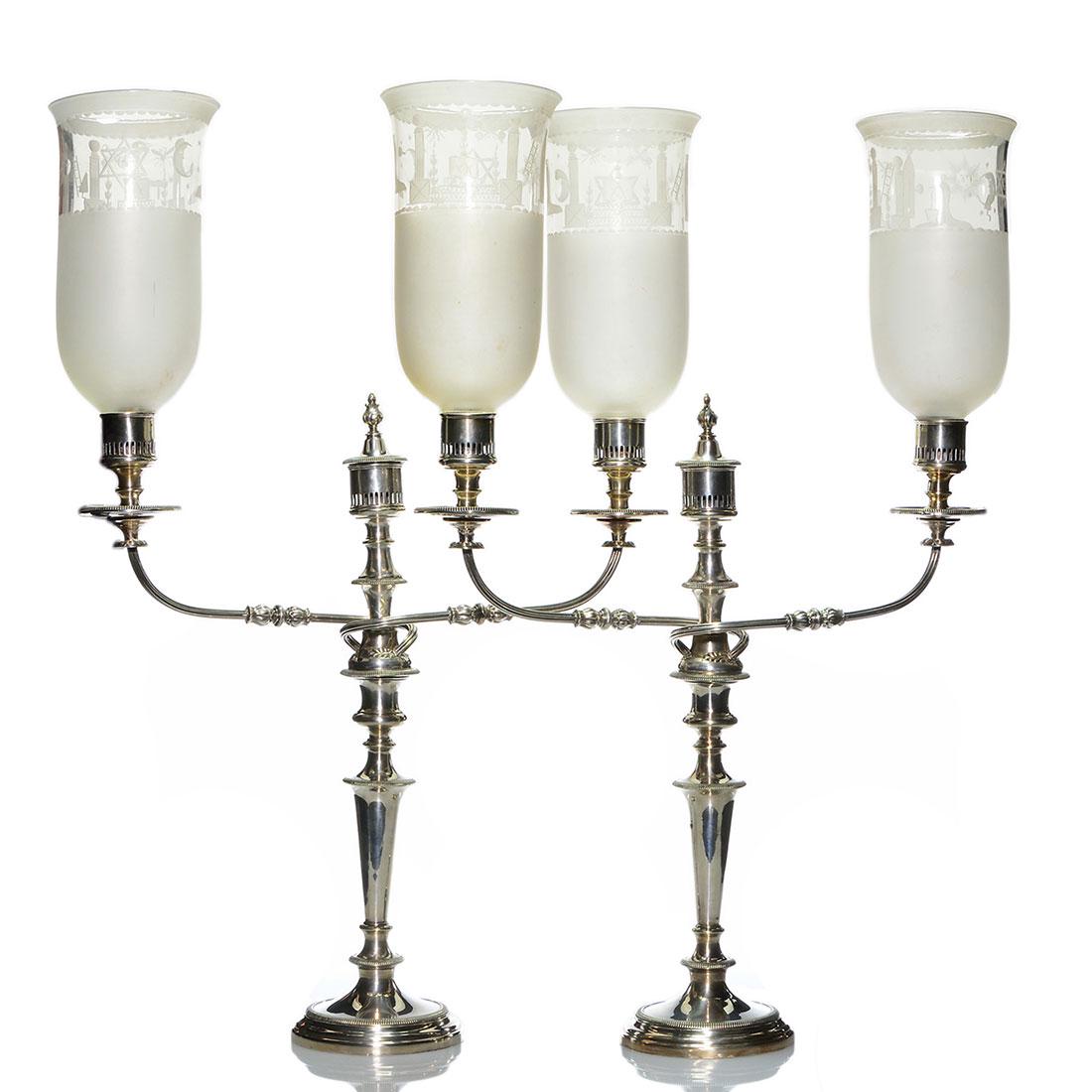 Pr Masonic candelabras, Mappin Bros silverplate, (1 of 3)