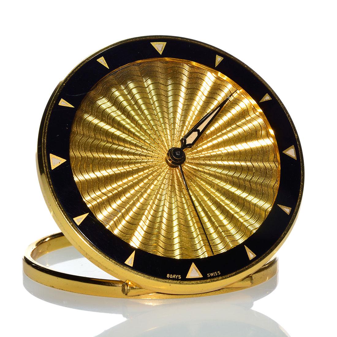Swiss enamel & gold travel clock, 8 day, 3" diam (1 of 2)