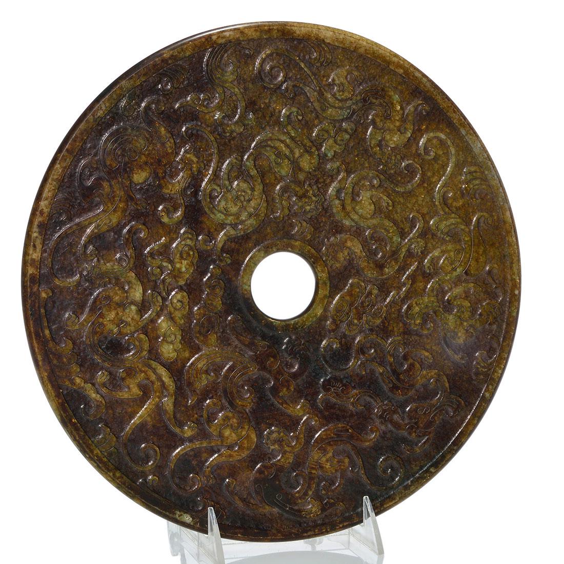 Carved Jade Bi-Disc, dragons, earth tone, 11 3/4" (1 of 2)