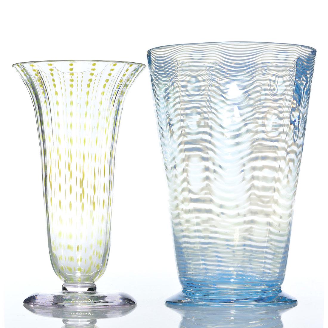 Two Libbey Nash vases:8 3/8" blue w/coin dots, 8" green (1 of 1)