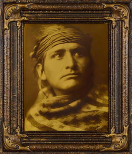 Edward S. Curtis Orotone "Chief of the Desert, Navaho": Edward S. Curtis Orotone entitled "Chief of the Desert, Navaho" in original frame with Curtis Studio label on back. Signed lower right. Size of the print itself is 10 by 8 inches. Sold originally in C