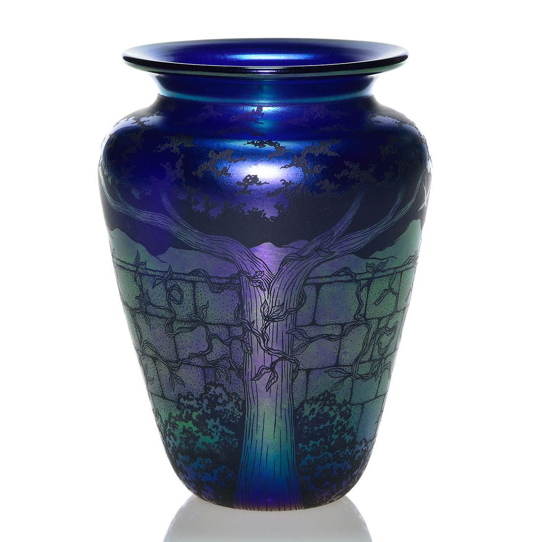 Orient & Flume vase,Studio Collection,Garden of Eden,6": Orient & Flume Studio Collection vase entitled Garden of Eden, skillfully done in 1981 by Dan Shura. Engraved and etched with mature summer trees & shrubs set before a stone wall with climbing vines w