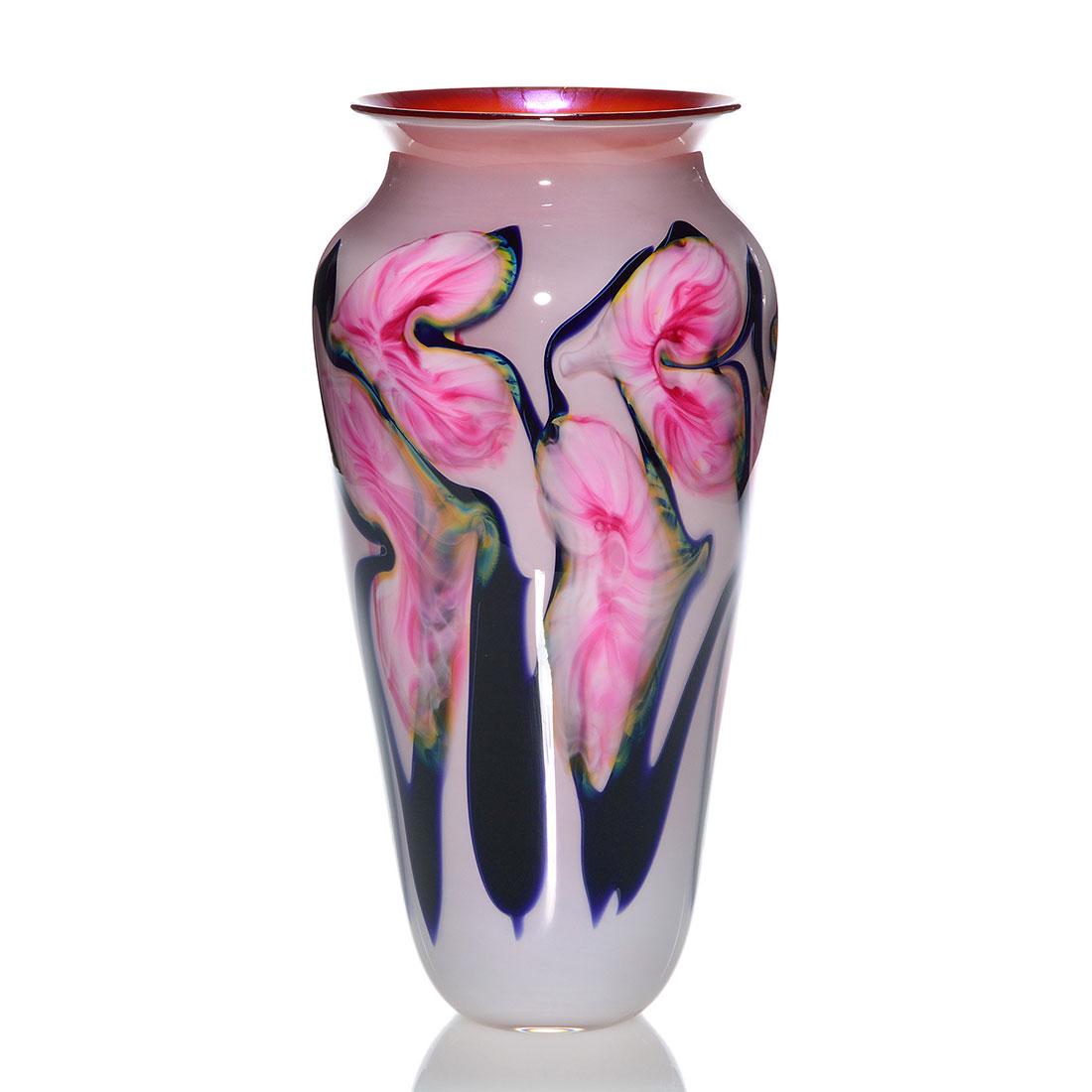 John Lotton cased vase, pink white leaves, 11 1/2", (1 of 2)