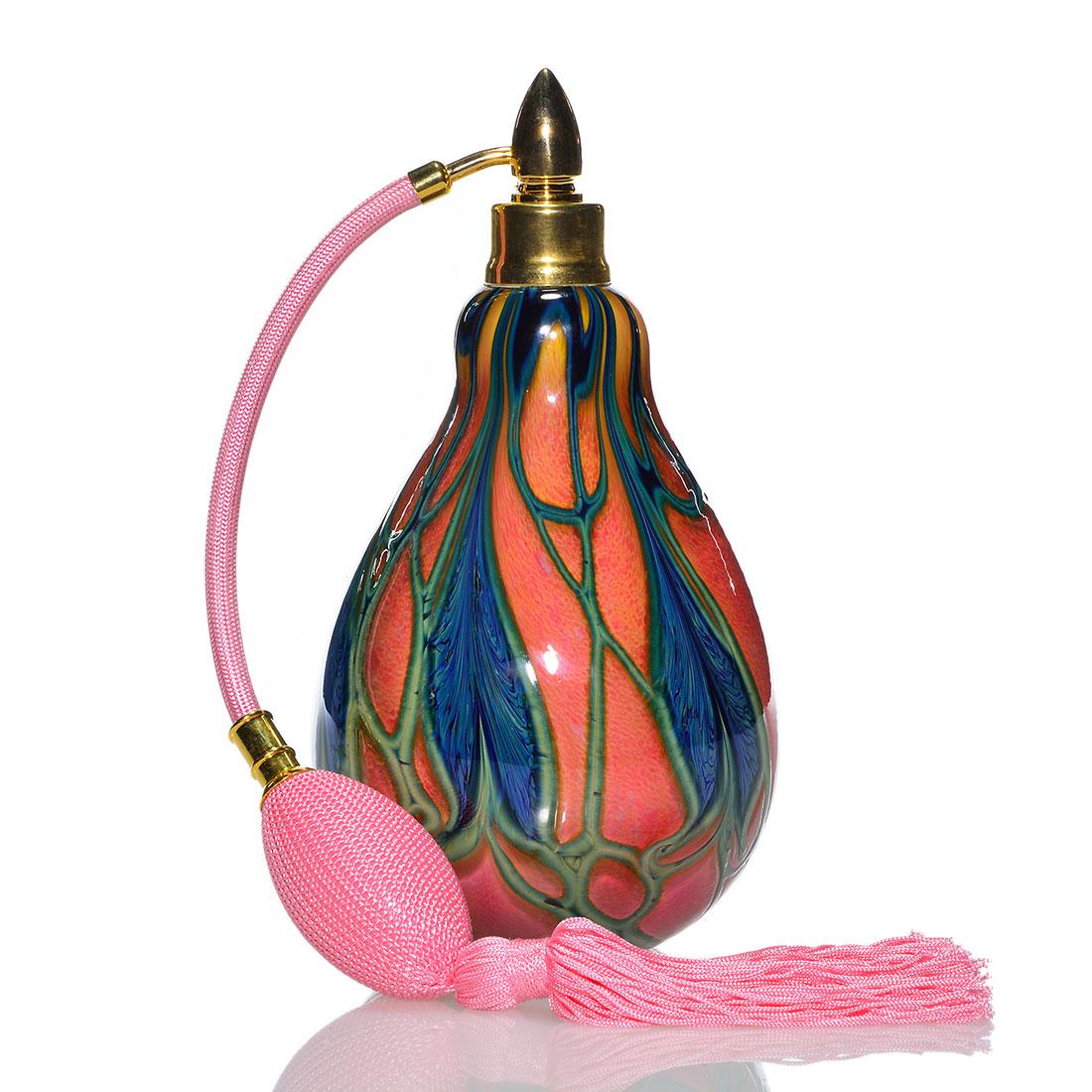 Daniel Lotton atomizer, orange w/cobalt leaves, 7 1/4" (1 of 2)