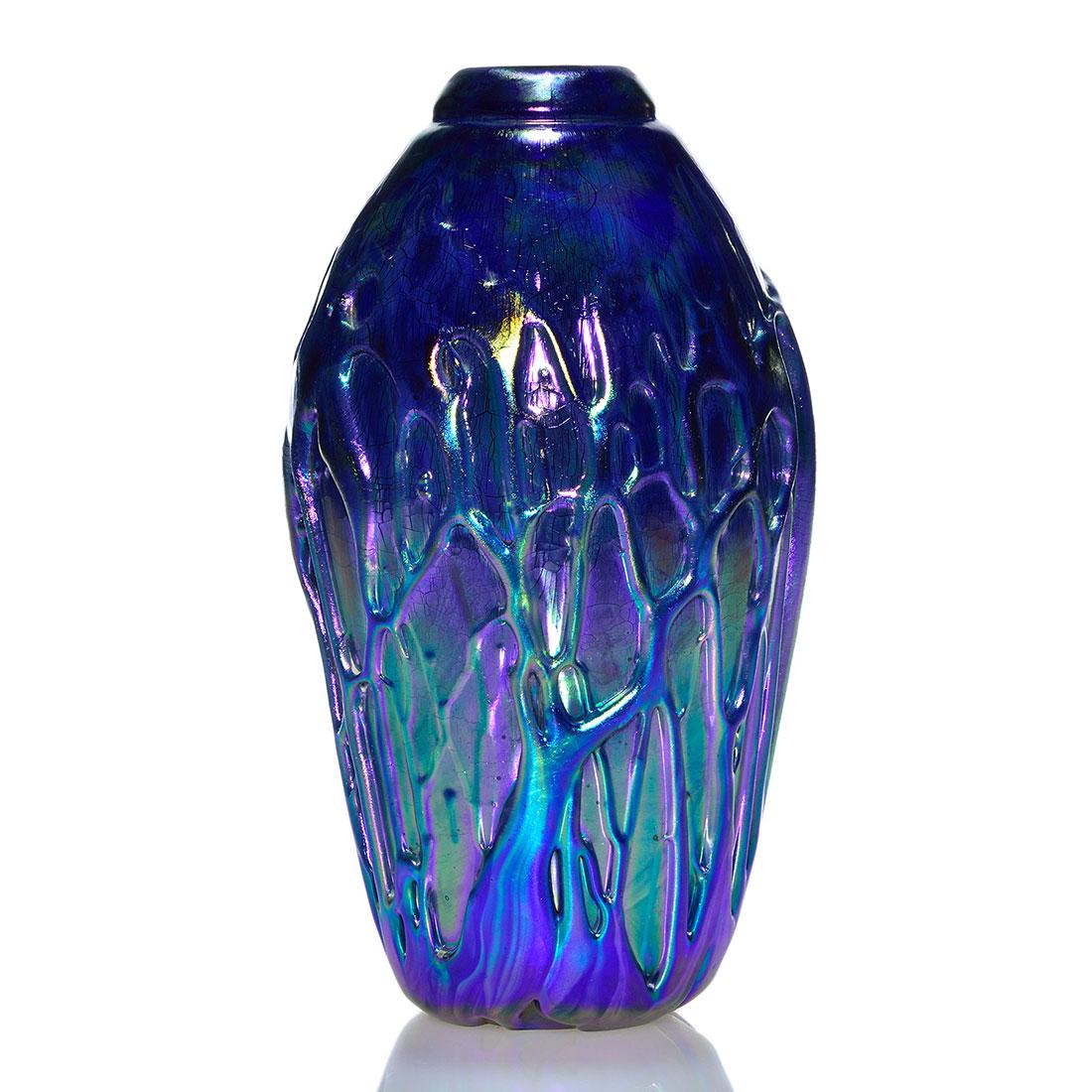 Robert Eickholt vase, lava, woodland, cobalt, 8 5/8", (1 of 2)