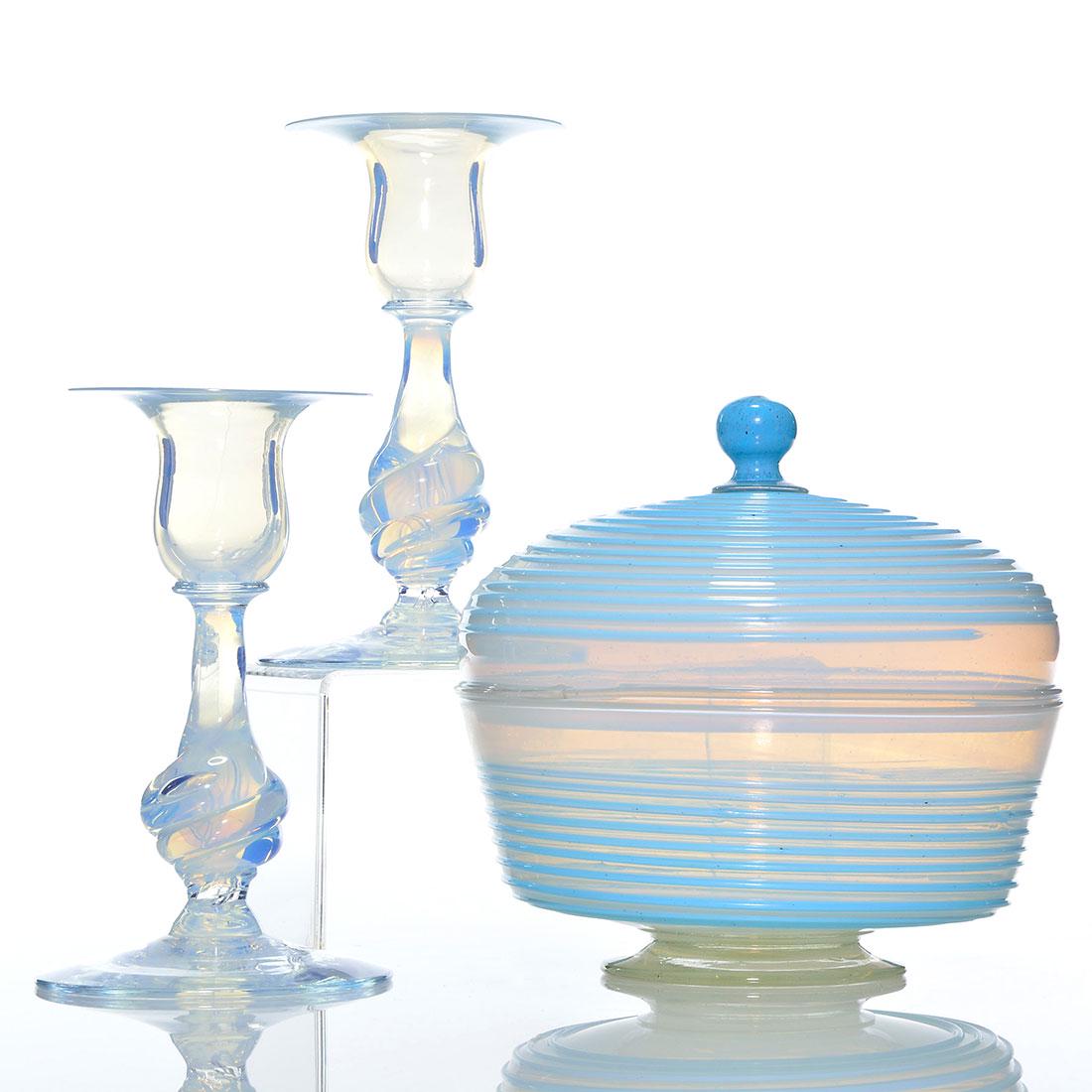 3 Fry attrib opalescent: covered bowl blue reed,5 5/8" (1 of 1)