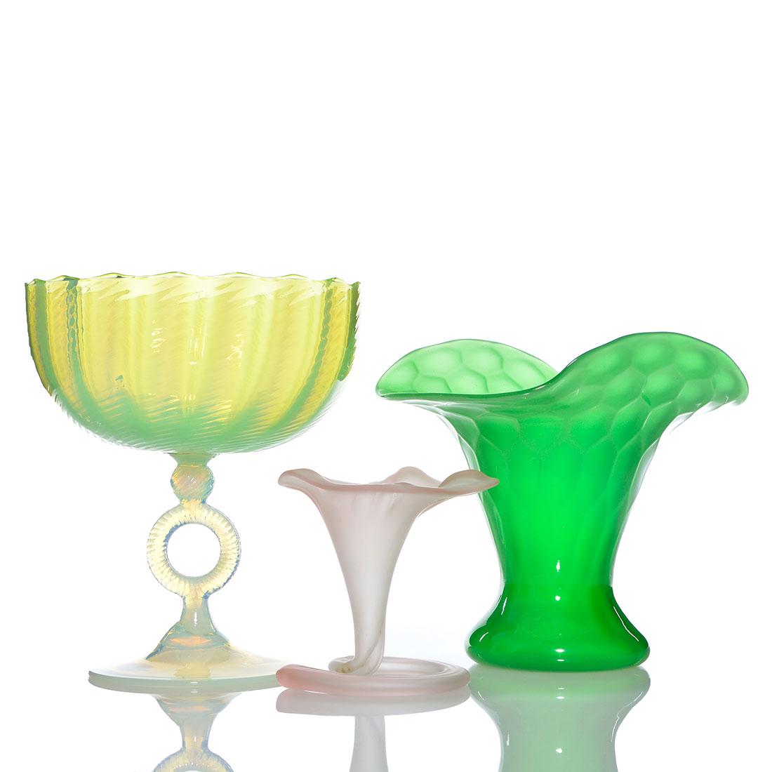 3 Steuben like:compote,fan honeycomb vase,9" (1 of 1)