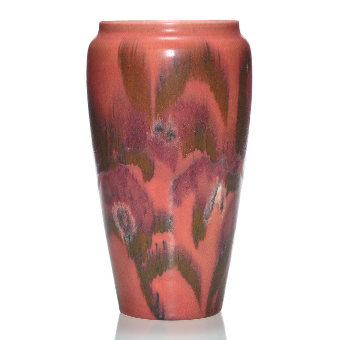 Rookwood mat vase, floral, Jensen, '29, 1369 C, 11 1/4": Mat glaze vase with floral decoration done by Jens Jensen in 1929. Marks include the Rookwood logo, date, shape 1369 C and Mr. Jensen's monogram in blue slip. There is also a wheel ground X, most like