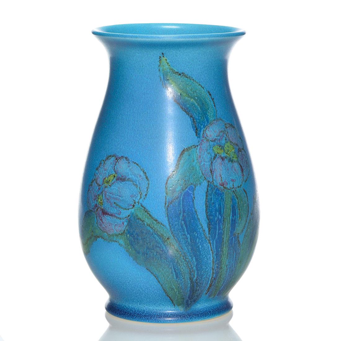 Rookwood Mat vase, tulips, Tischler, 1925, 2782, 9 3/4": Mat glaze vase decorated with a trio of tulips, the work of Vera Tischler in 1925. Marks include the Rookwood logo, date, shape 2782 and Ms. Tischler's monogram in blue slip. There is fine crazing. He