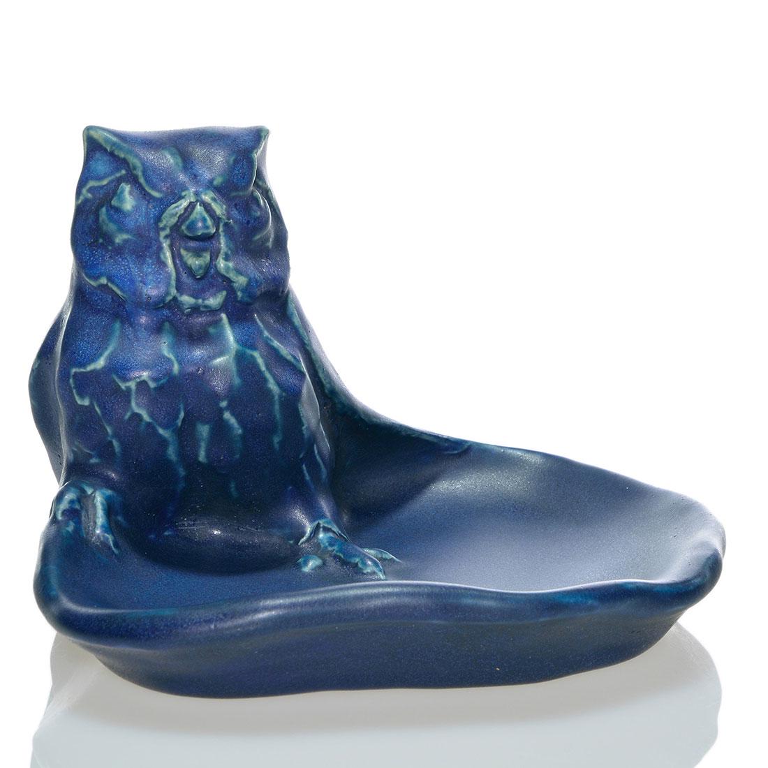 Rookwood Early Owl tray, blue mat, 1915, 1084, 4 1/8" (1 of 2)