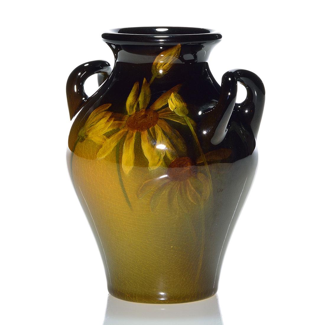 Rookwood Standard glaze vase,Lawrence,1901,583 F,4 3/4": Standard glaze twin handled vase with yellow daisies painted by Eliza Lawrence in 1901. Marks include the Rookwood logo, date, shape 583 F and the artist's initials in black slip. There is fine overal