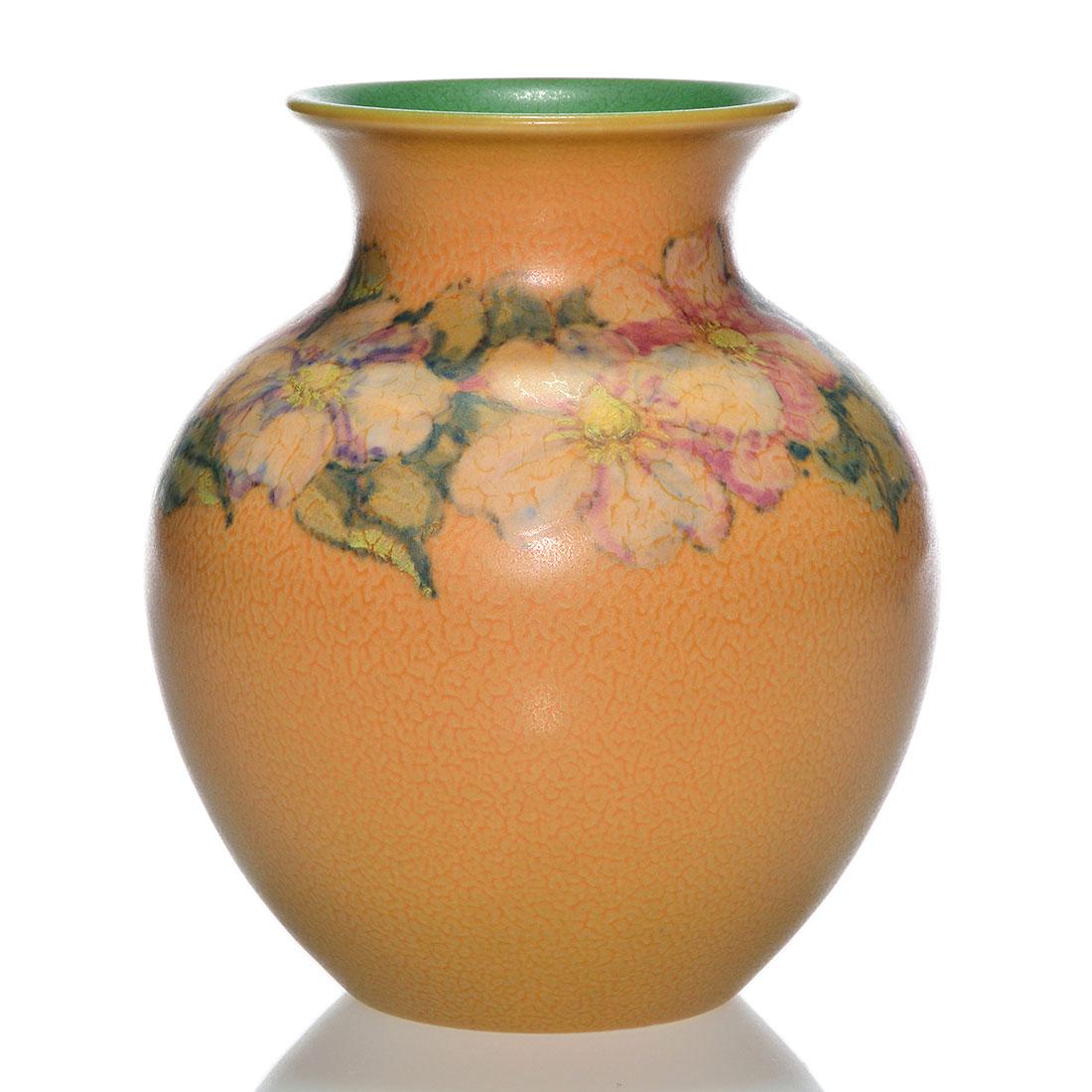 Rookwood Decorated mat vase,Pullman,1930,626 D, 7 1/4": Mat glaze vase with colorful floral decoration at the shoulder, the work of John Wesley Pullman in 1930. Marks include the Rookwood logo, date, shape 6206 D, Mr. Pullman's monogram in dark slip and th