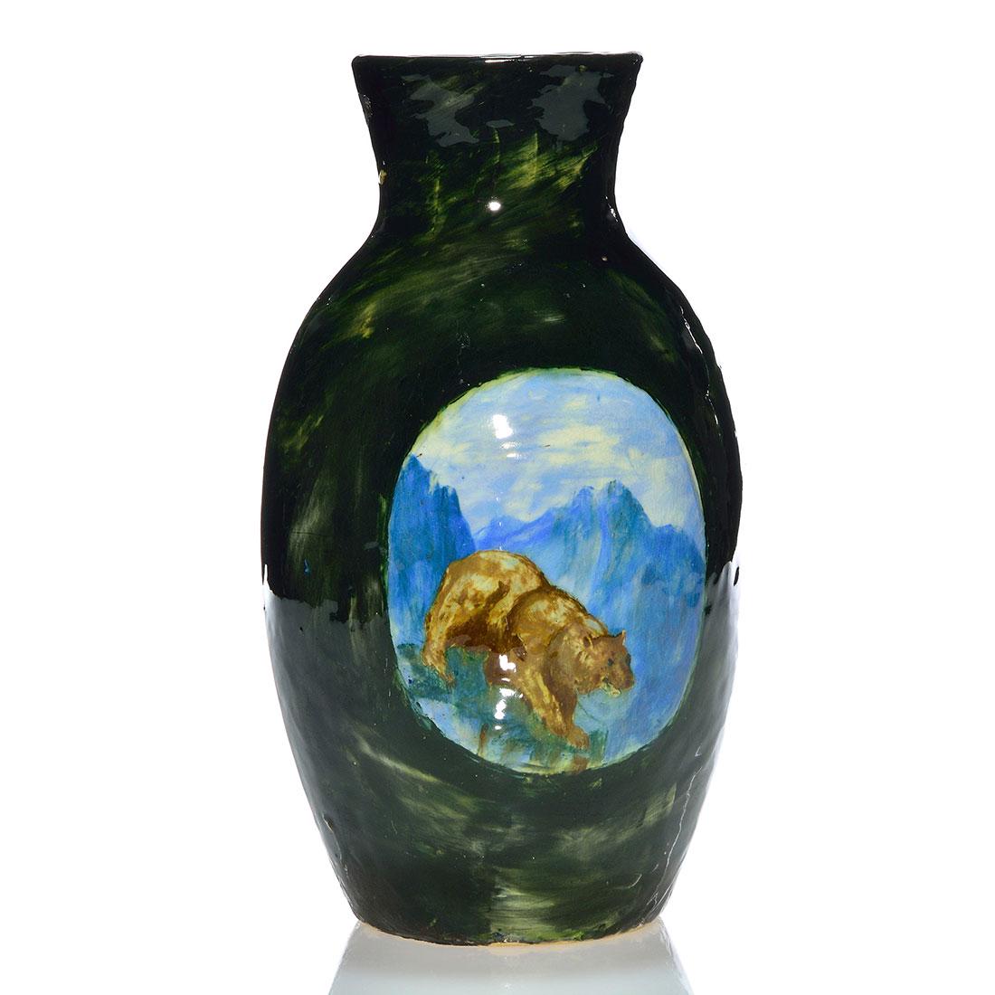 Wheatley Limoges vase, bear in landscape, 12", 1880 (1 of 2)