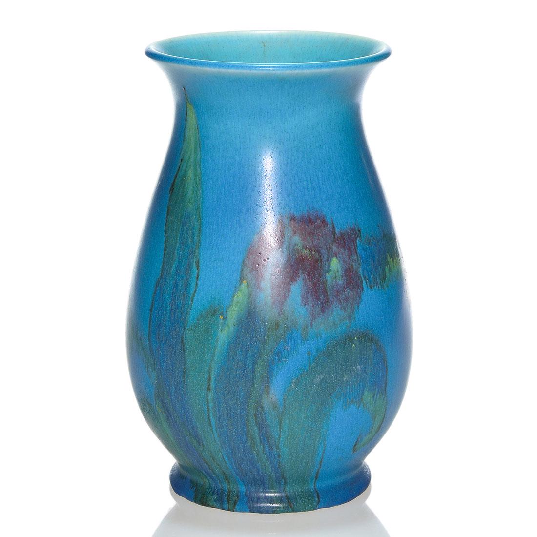 Rookwood Mat vase, floral, Tischler, 1925, 2782, 9 3/4: Mat glaze vase with abstract floral decoration painted by Vera Tischler in 1925. Marks include the Rookwood logo, date, shape 2782 and Ms. Tischler's initials in brown slip. There is fine overall craz