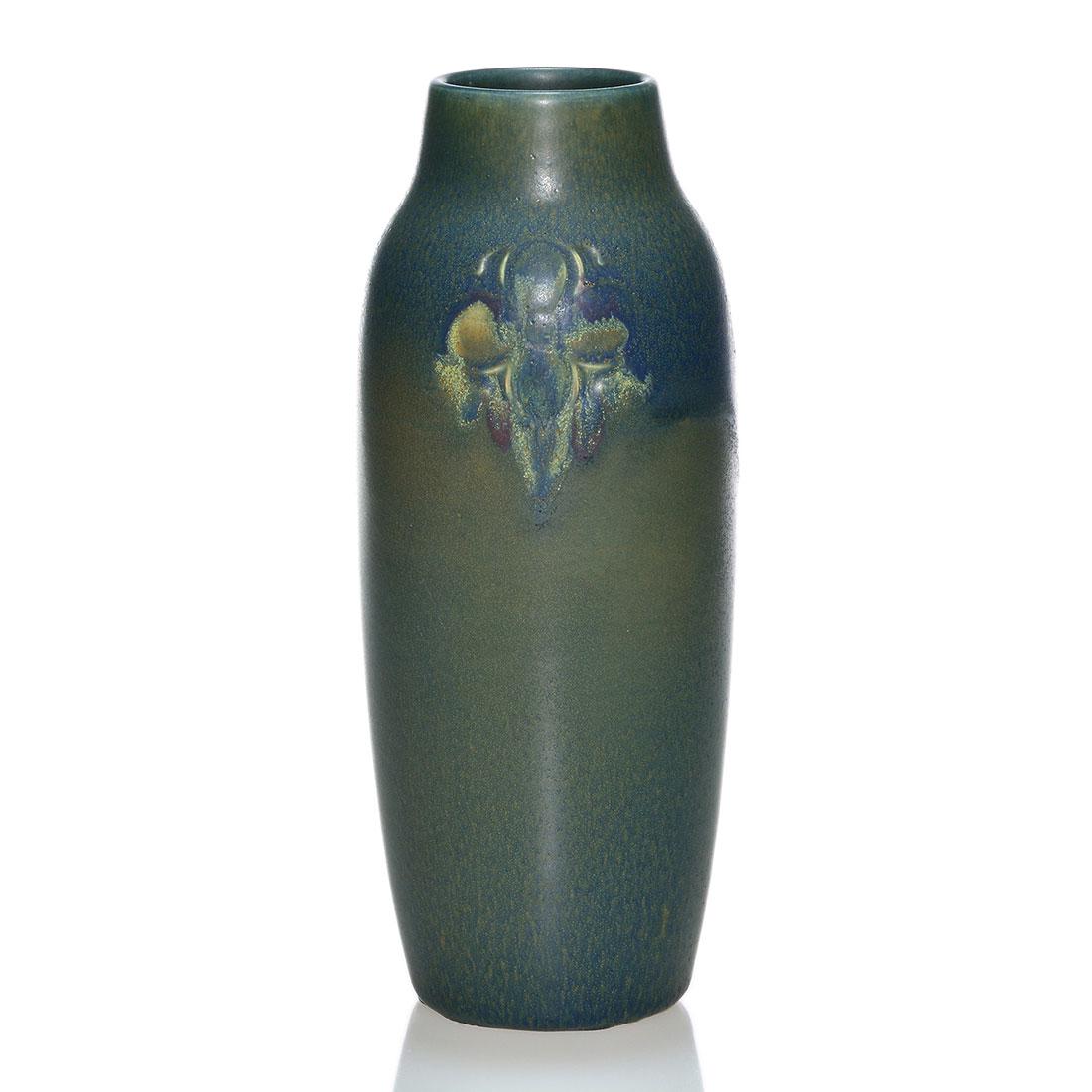Rookwood Ombroso vase,carved,Todd,1914 932 D, 9 5/8": Vase with carved floral decoration covered with the Ombroso glaze, the work of Charles Todd in 1914. Marks include the Rookwood logo, date, shape 932 D and Mr. Todd's incised initials. There are tiny 