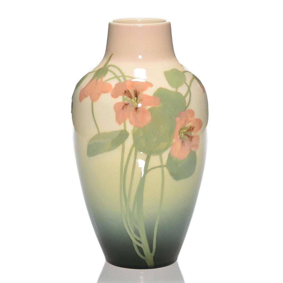 Rookwood Iris Glaze 10 3/8" vase, Sax, floral drilled (1 of 2)