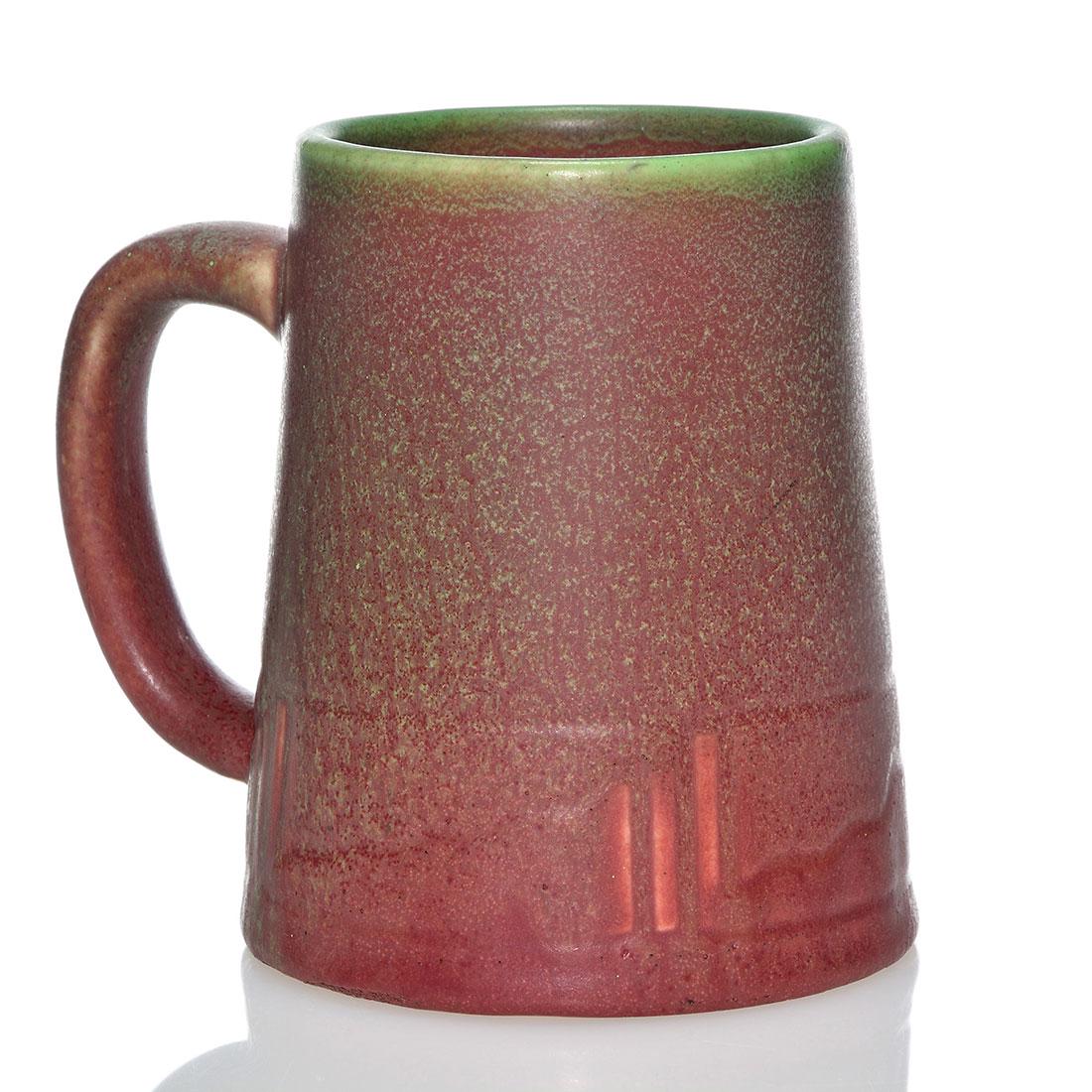 Rookwood mug, green over pink, design, 587 C, 4 1/2" (1 of 2)