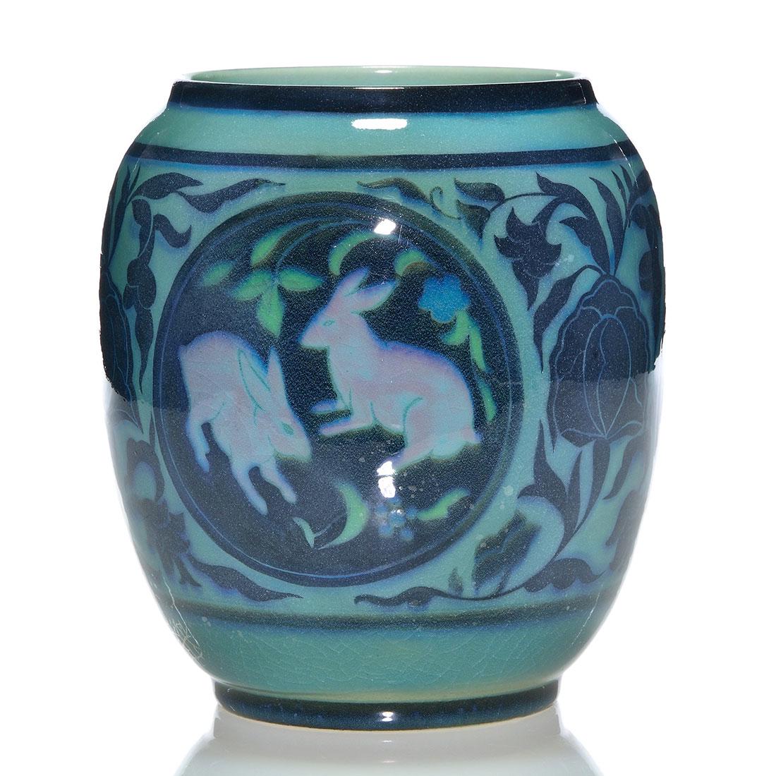 Rookwood Porcelain vase, Conant, rabbits, 1920, 8" (1 of 3)