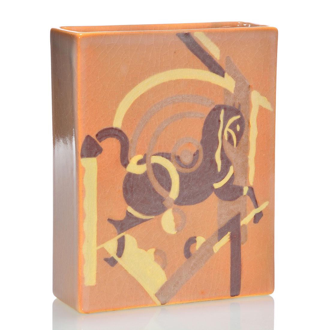 Rookwood Porcelain planter, Horse, Sacksteder, 7 5/8": Porcelain planter decorated with a modernist horse, the work of Jane Sacksteder in 1946. Marks include the Rookwood logo, date, shape 6292 C, the artist's monogram and 537 A in black slip. There is fi