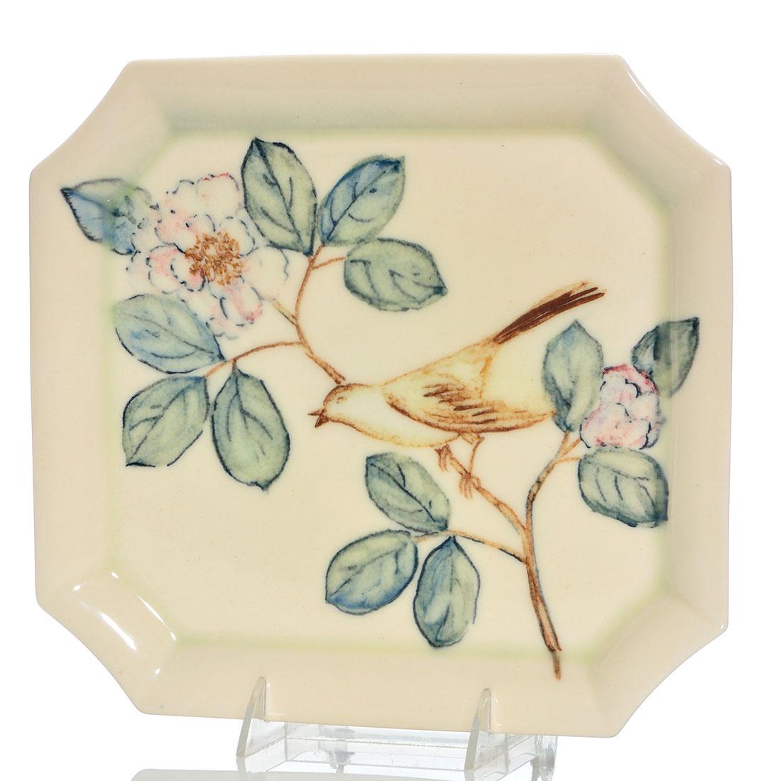 Rookwood Design Crystal tray, bird, Barrett, 11 1/4": Rookwood Design Crystal tray decorated with a mockingbird perched in a magnolia tree done by Elizabeth Barrett in 1945. Size is 11 1/4 inches by 10 1/2 inches. Marks include the Rookwood logo, date, s