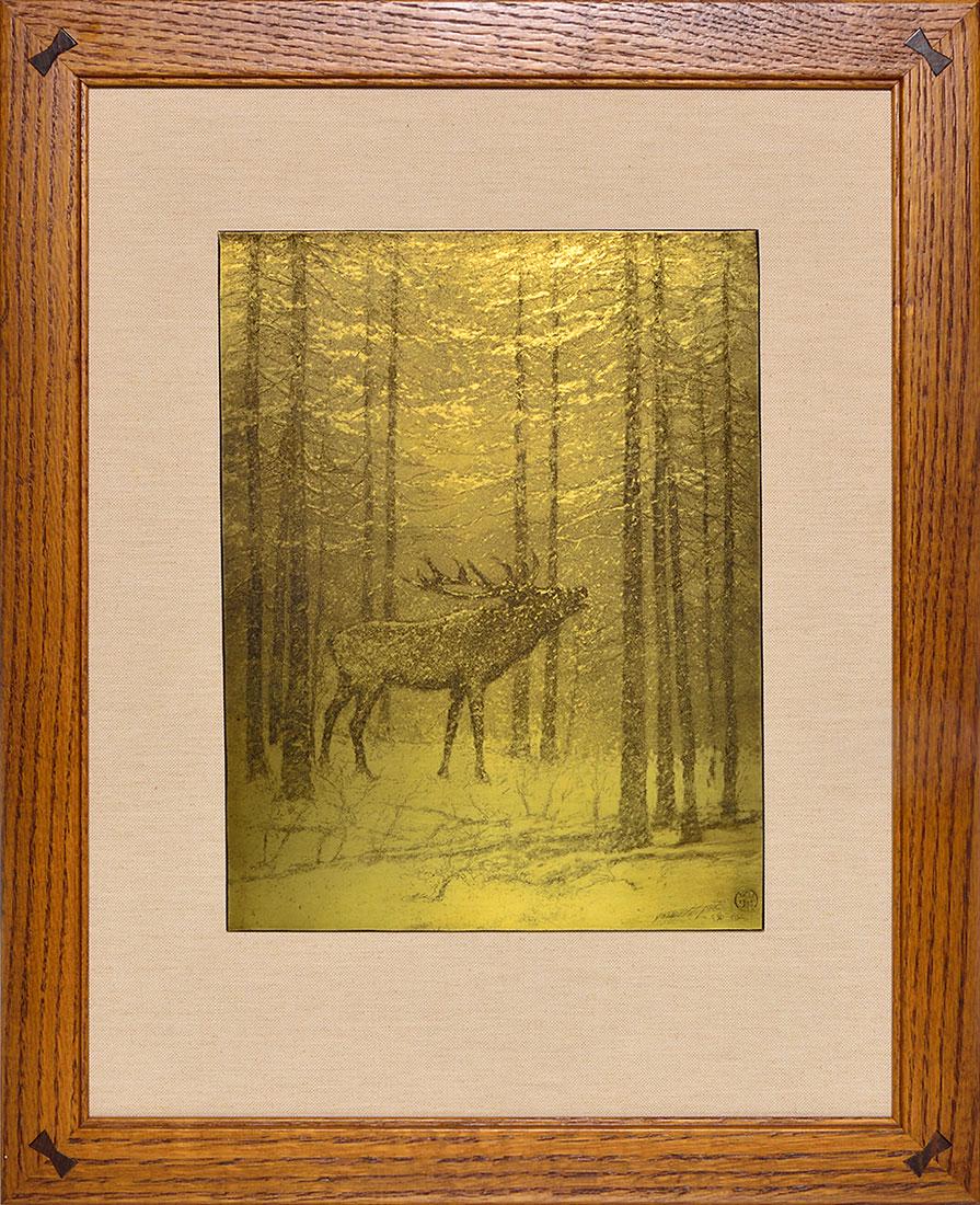 E.T. Hurley brass etching plate, Elk in Woods, 12" x 9" (1 of 2)
