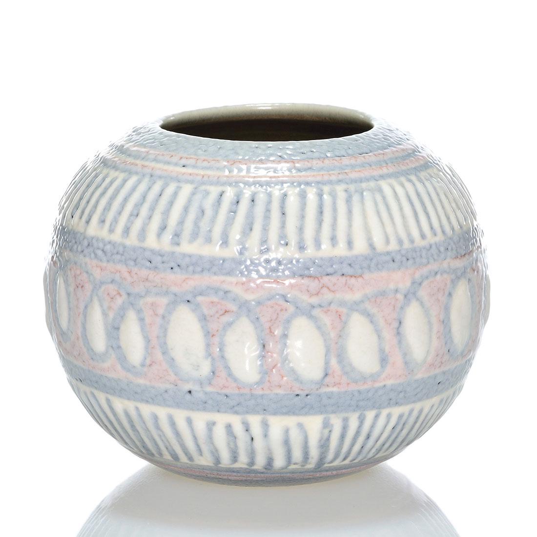 Rookwood Butterfat vase, Barrett, 1944, 6199F, 4": True Rookwood Butterfat glaze done in 1944 by Elizabeth Barrett. The design is very modern with geometric designs in heavy glaze. Marks include the company logo, the date, shape number 6199 F and the