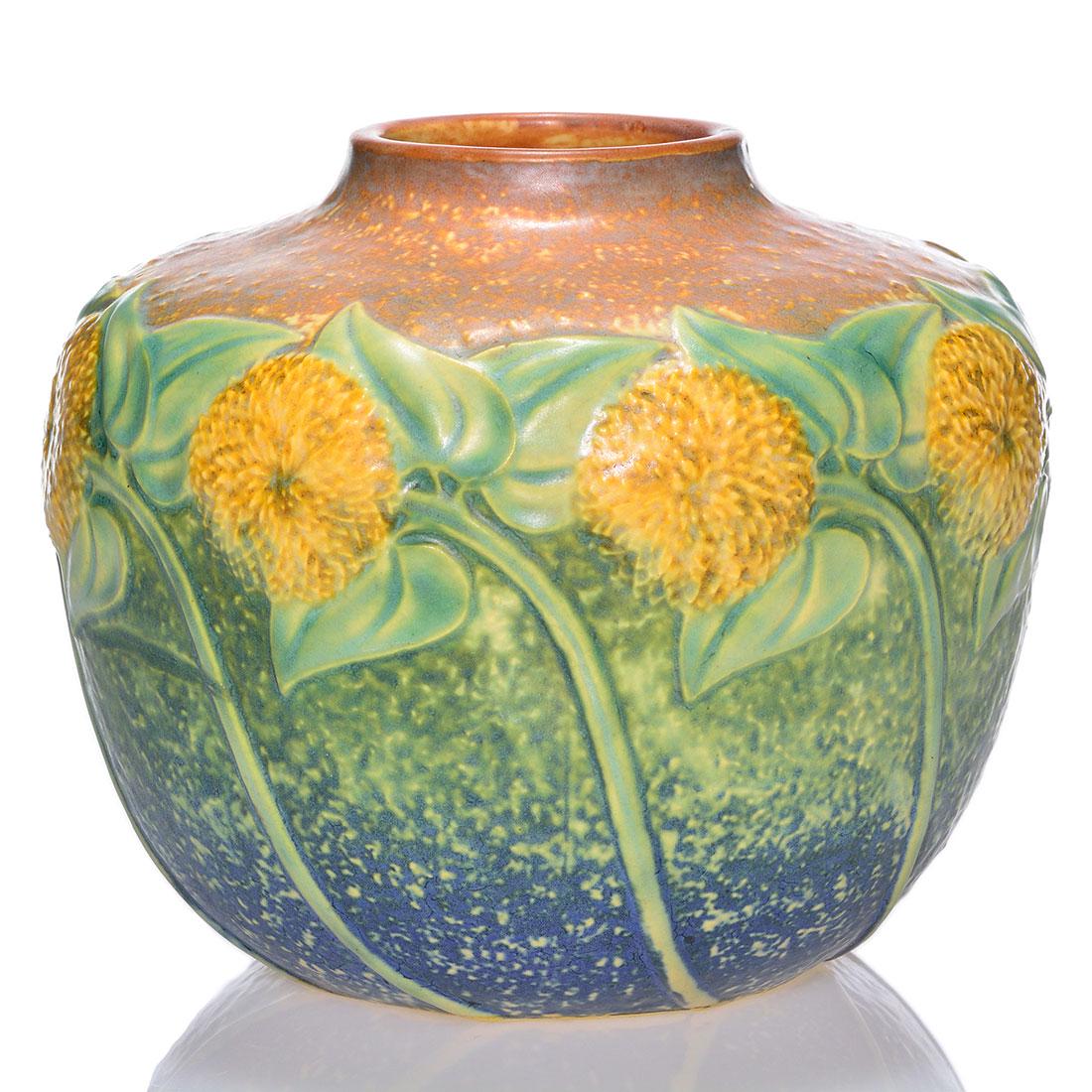 Roseville Sunflower vase, shape 488-6, 6 inches: Roseville Sunflower vase, shape 488-6”, unmarked. Excellent original condition with good mold and color. Height is 6 inches.