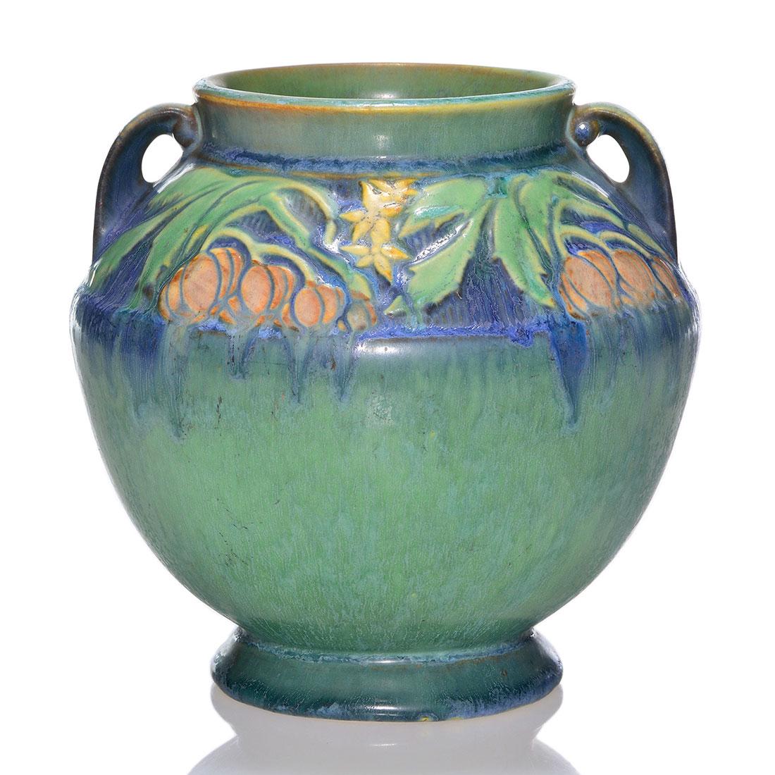 Roseville Baneda vase, shape 591, green, 6 1/4”: Roseville Baneda vase, shape 591, in green. Marked on the bottom with a Roseville Pottery foil sticker. Excellent original condition. Height is 6 1/4 inches.