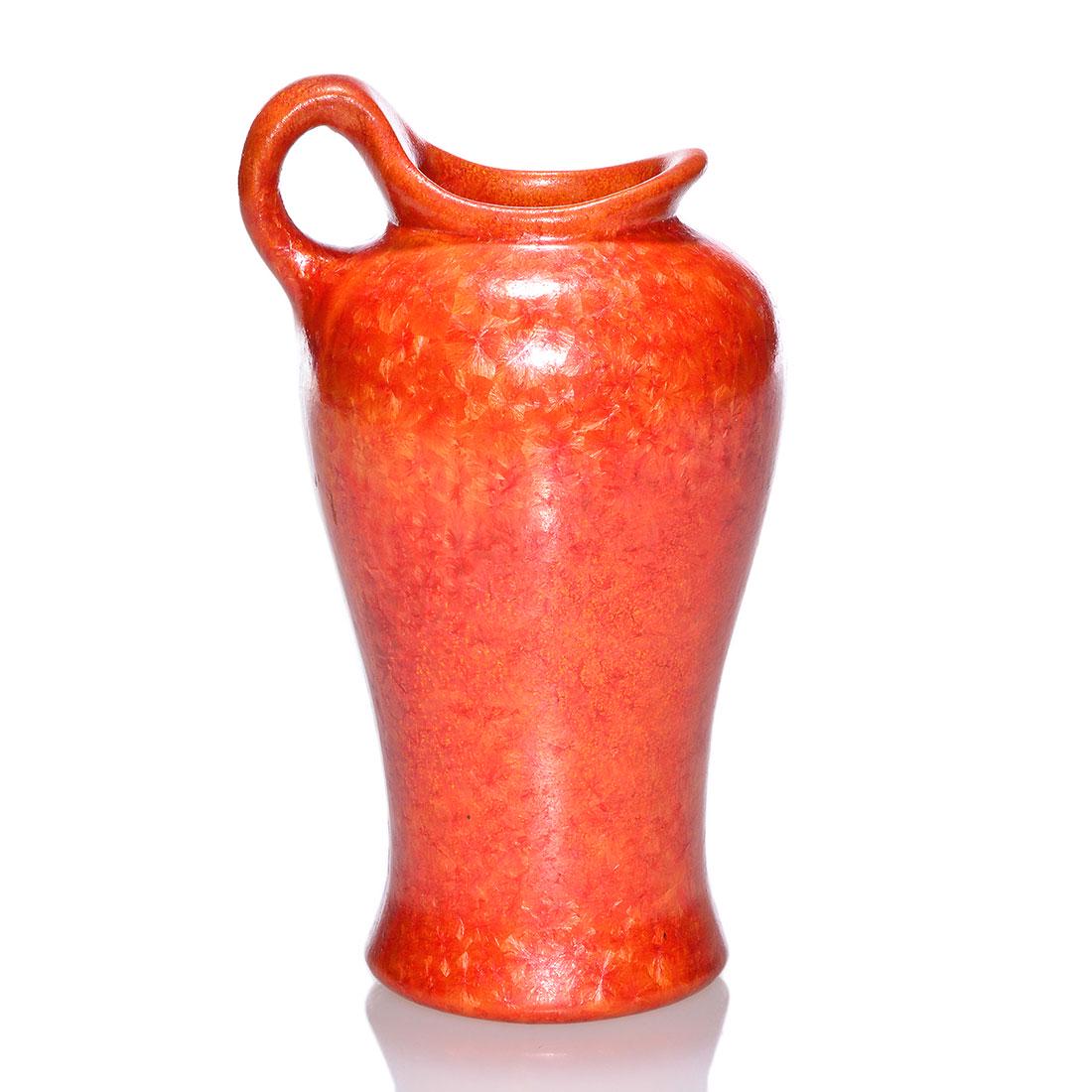 Roseville Rozane Crystalis pitcher, Mongol shape,7 3/8": Roseville Rozane Crystalis pitcher with a great orange crystalline glaze on a Mongol shape. Marked on the bottom with the Rozane Ware Mongol wafer and an impressed 7. Excellent original condition. Hei