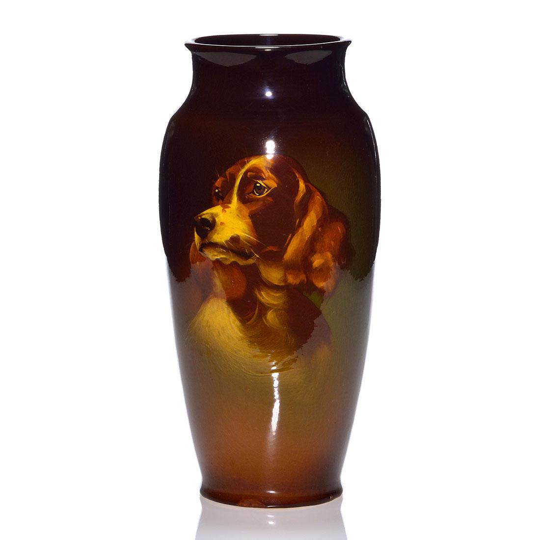 Roseville Rozane vase, spaniel, Timberlake, 13 inches (1 of 2)