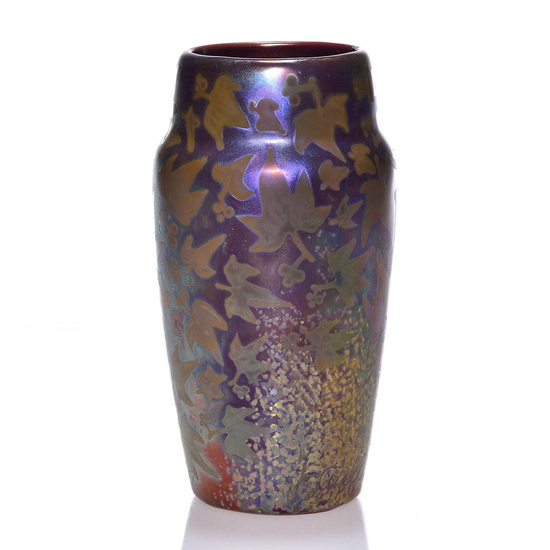 Weller Sicard vase, falling leaves, 7 1/4” (1 of 2)