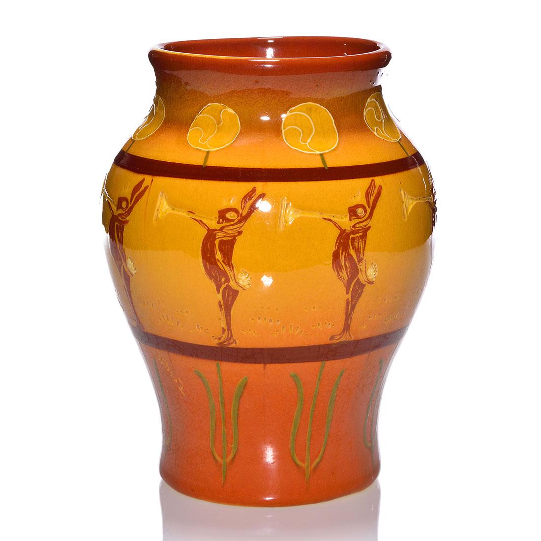 Weller Rhead Faience vase, rabbits with trumpets,9 3/8" (1 of 2)