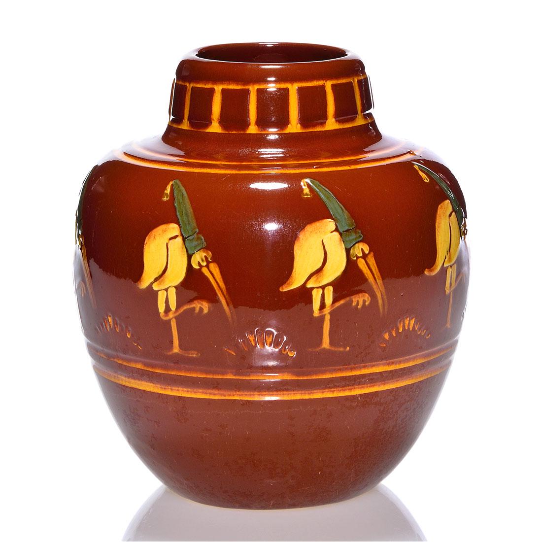 Weller Rhead Faience vase, 8 storks, foolscaps, 7 7/8” (1 of 2)