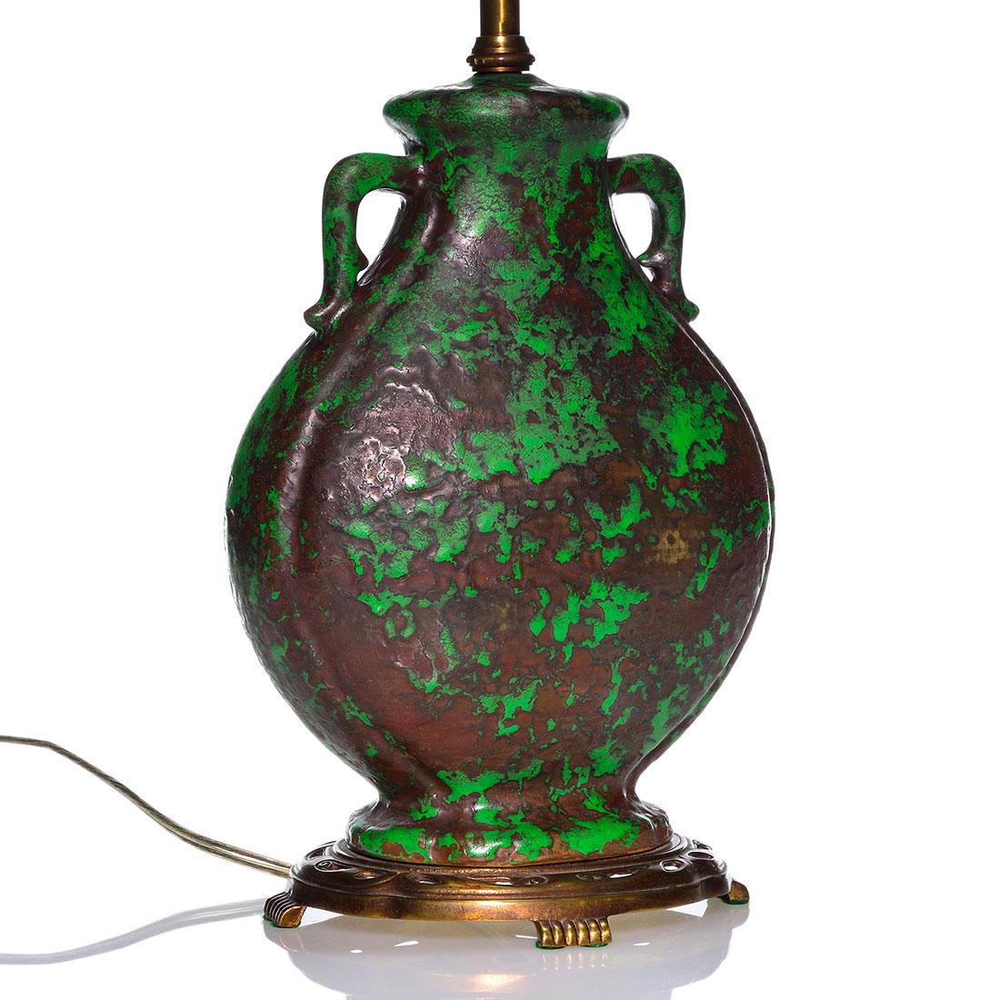 Weller Coppertone lamp, handles, 10 1/4”, silk shade (1 of 2)