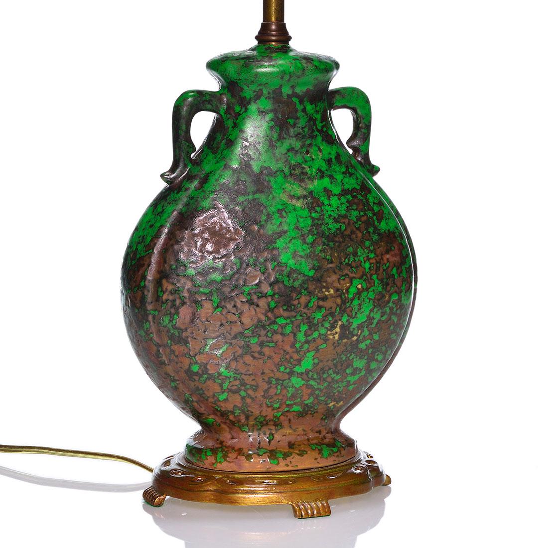 Weller Coppertone lamp, handles, 10 1/4”, silk shade (1 of 2)