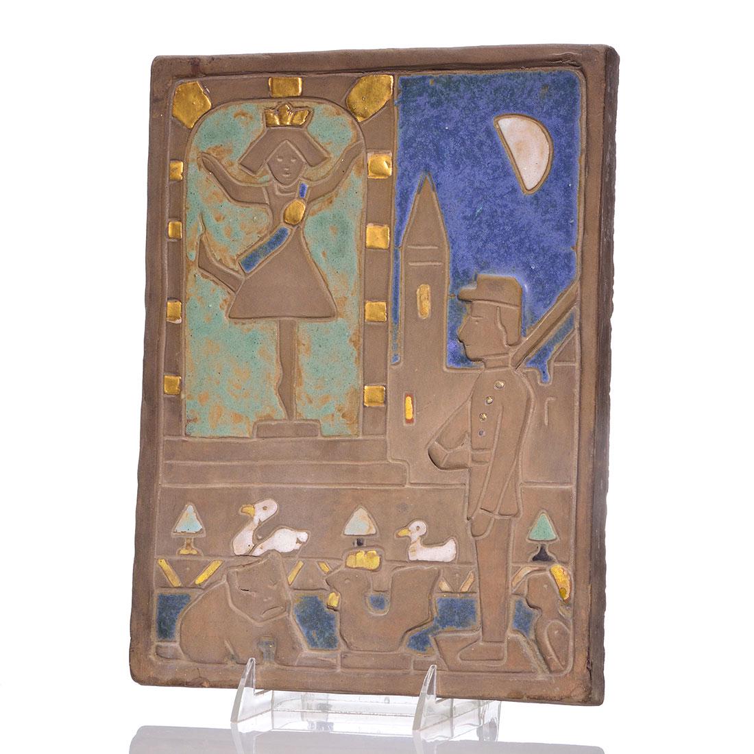 Pewabic Tin Soldier tile and stand, 12 3/8 x 9 1/4" (1 of 2)