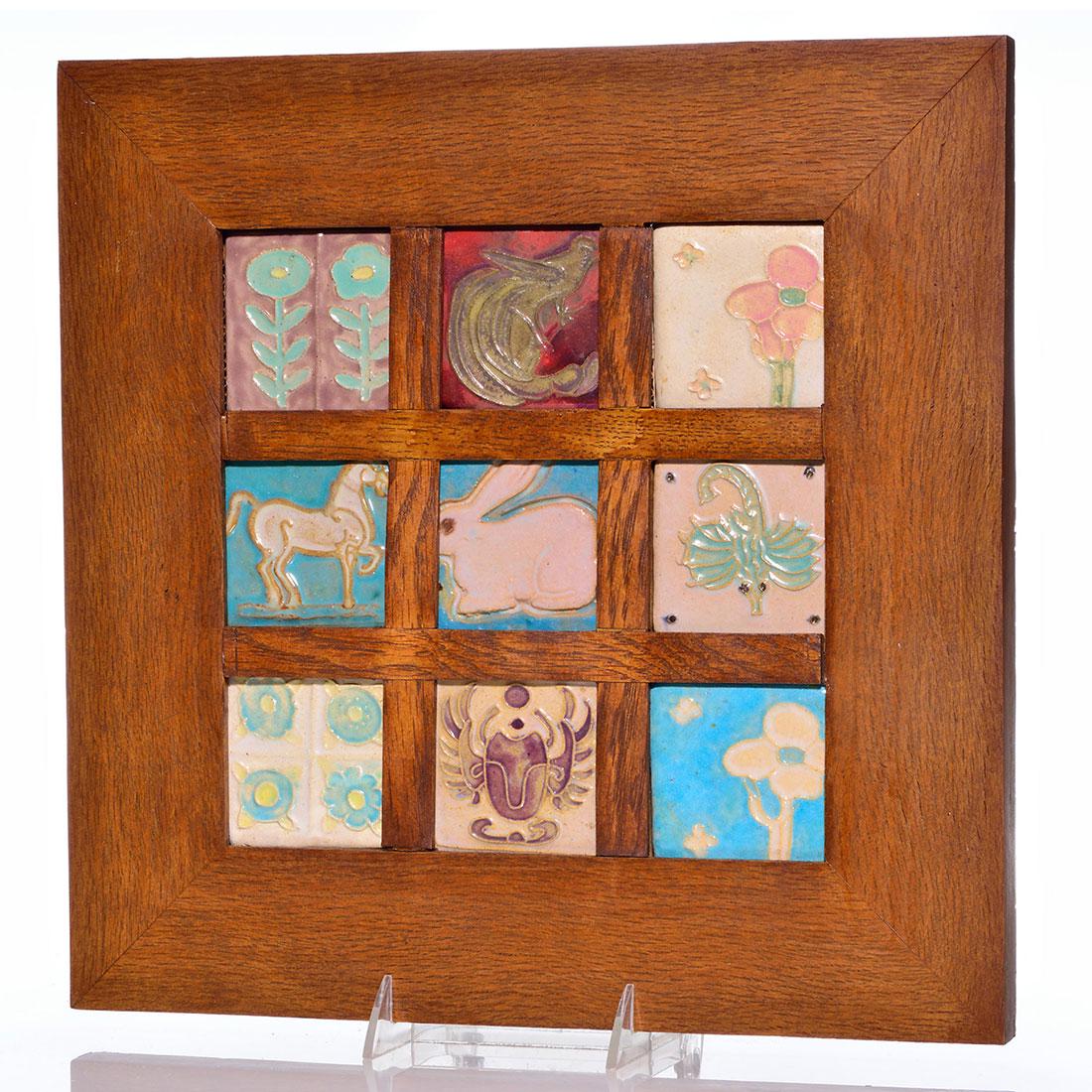 9 Pewabic 2 1/2” tiles, flora & fauna, Arts & Crafts (1 of 1)