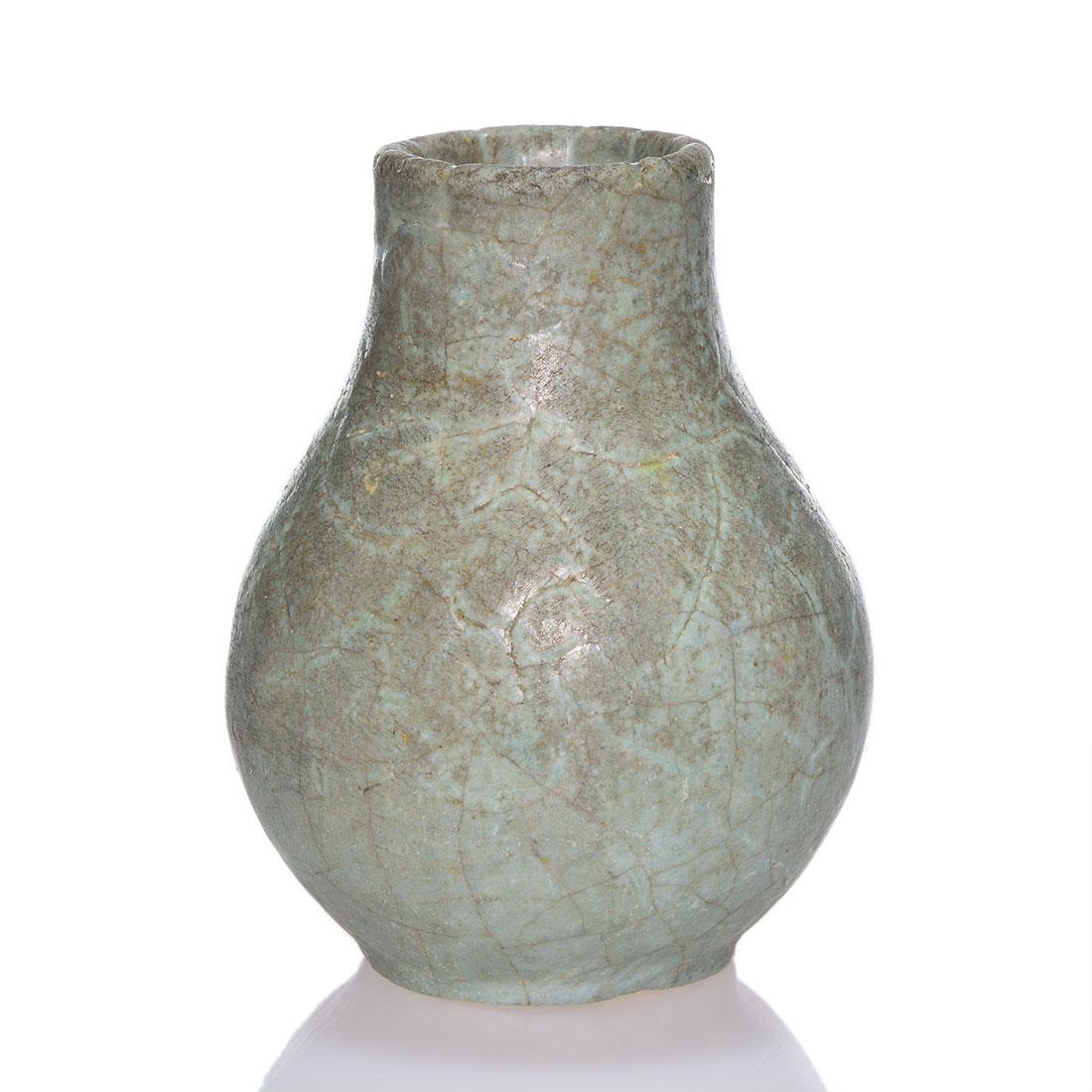 Small blue-gray Grueby vase, 3 1/8” impressed lotus (1 of 2)