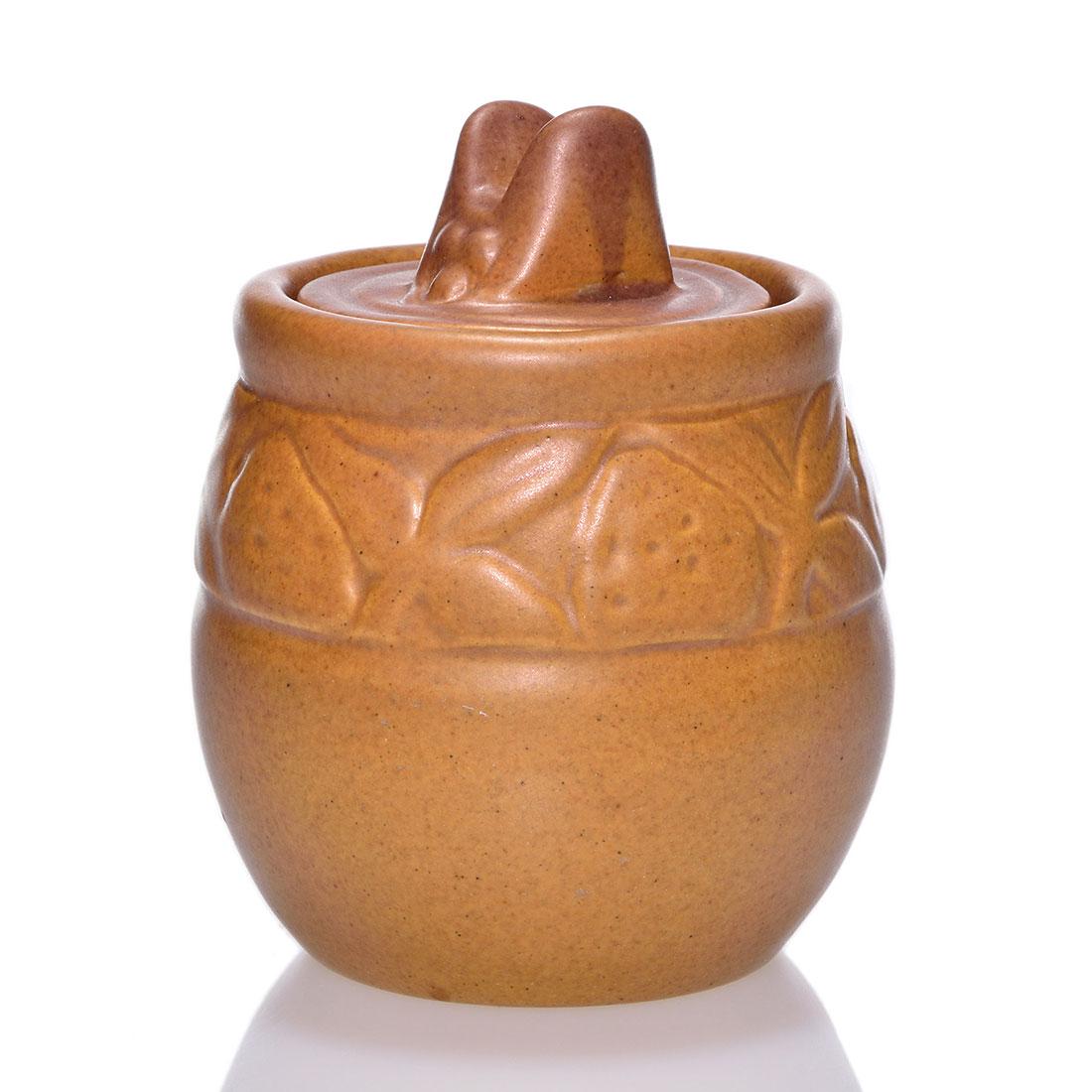 UND mat glaze honey pot with lid, Julia Mattson,4 3/8": Charming mat glaze UND honey pot with a band of strawberries around the body and a honey bee handle on the lid, the work of Julia Mattson. The interior of the pot and the lid are done in a turquoise g