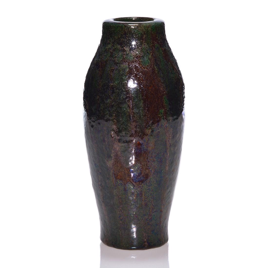 Merrimac vase, mottled green-brown, 10”, paper label (1 of 2)