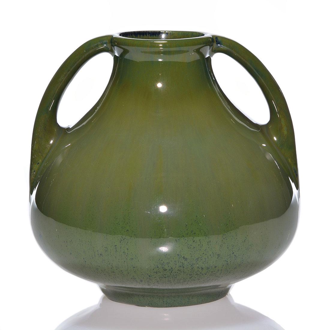 Fulper handled vase, dark green crystalline glaze,6 1/8 (1 of 2)
