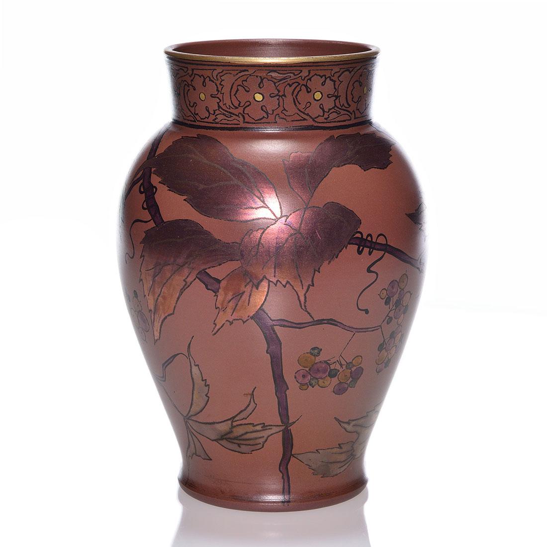 Boch Freres vase, leaves and berries, luster, 8 3/4” (1 of 2)